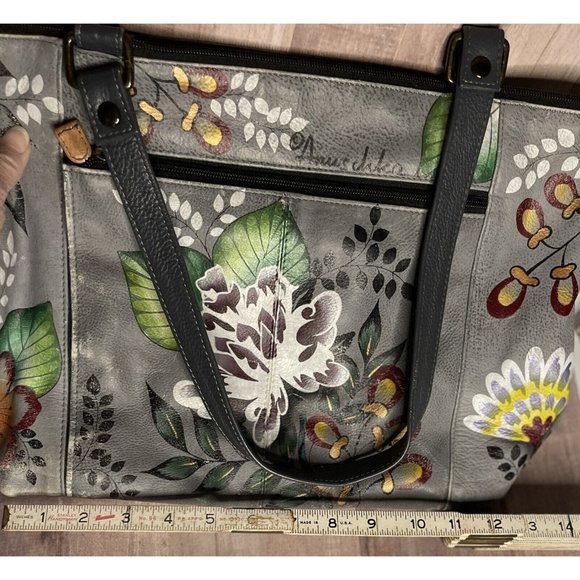 ANUSCHKA Handbag Garden of Eden Grey Floral Purse Tote Hand Painted Leather - Picture 4 of 14